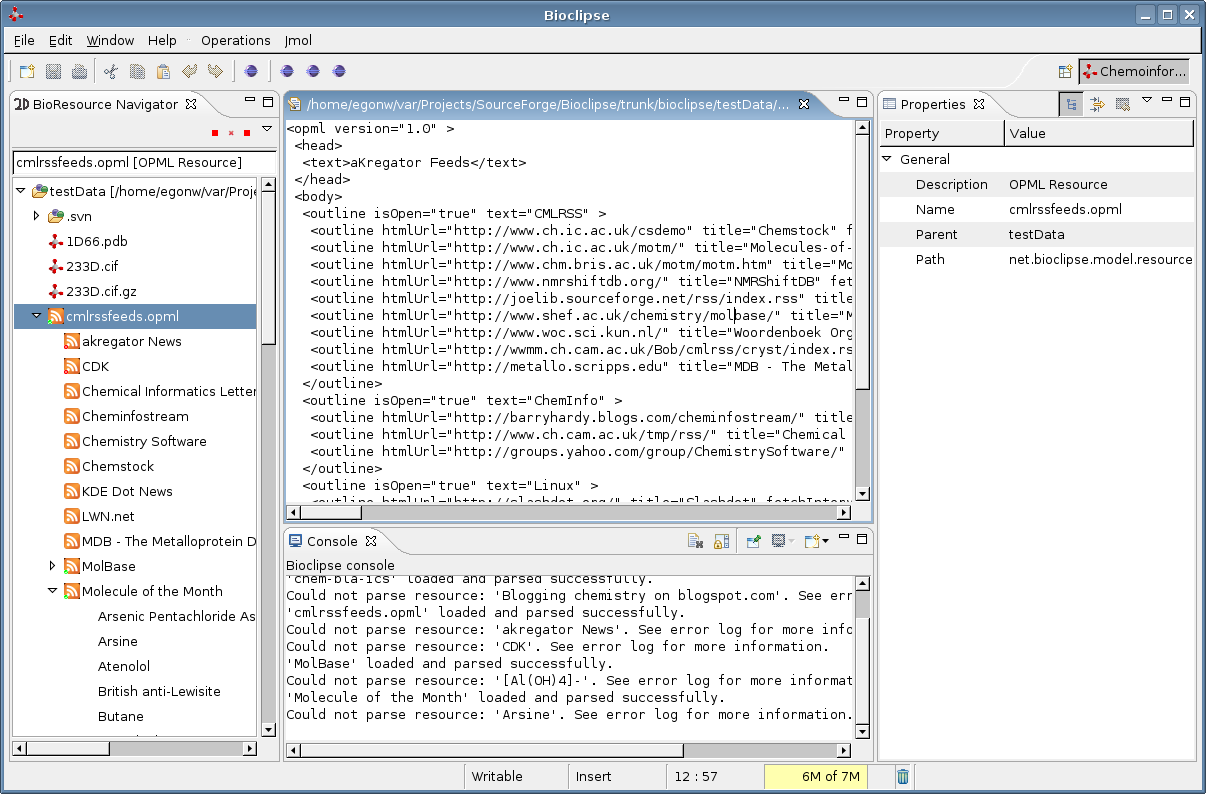 Screenshot of Bioclipse with an OPML file in the navigator on the left and some first extracted info.