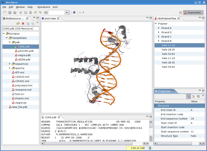 Screenshot of Bioclipse with a protein visualized with Jmol in the middle.