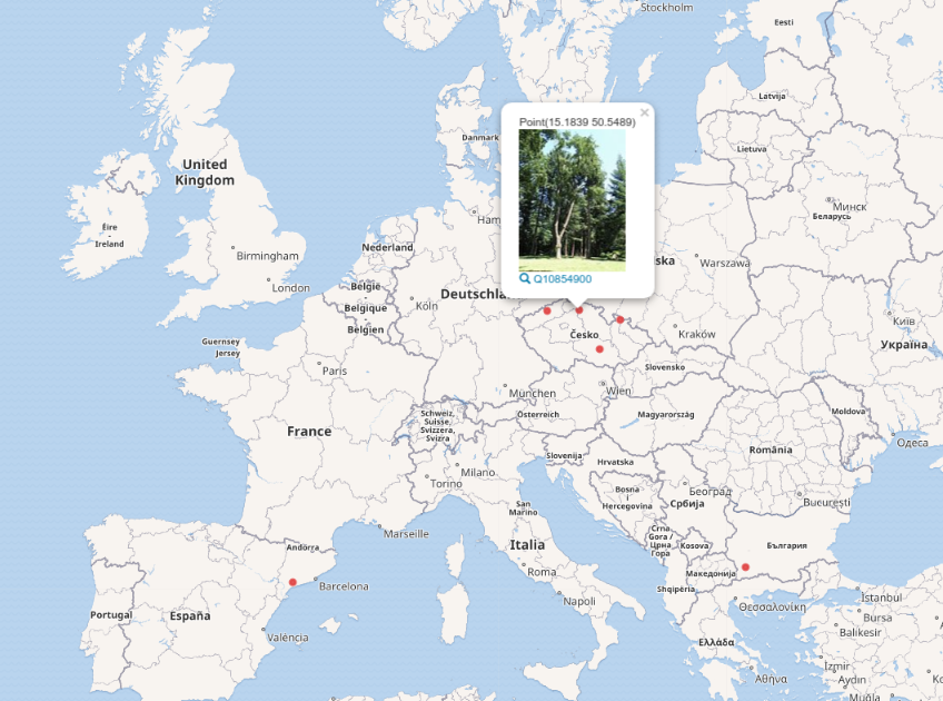 Map of Europe with the location of famous pine trees